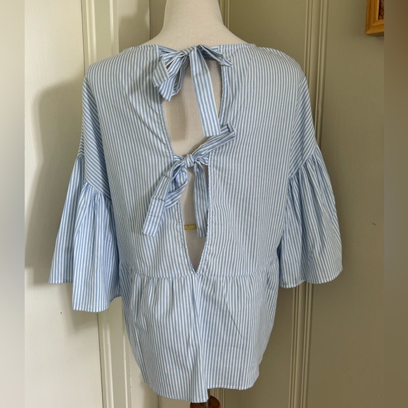 Listicle blue and white striped flutter sleeve peplum top - Picture 3 of 3
